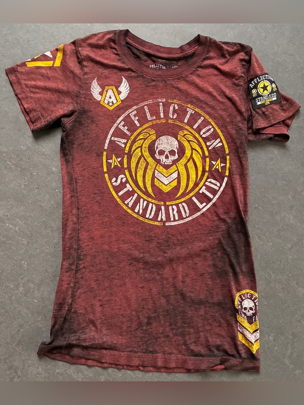 Affliction Burgundy Tee with Yellow Skull Emblem